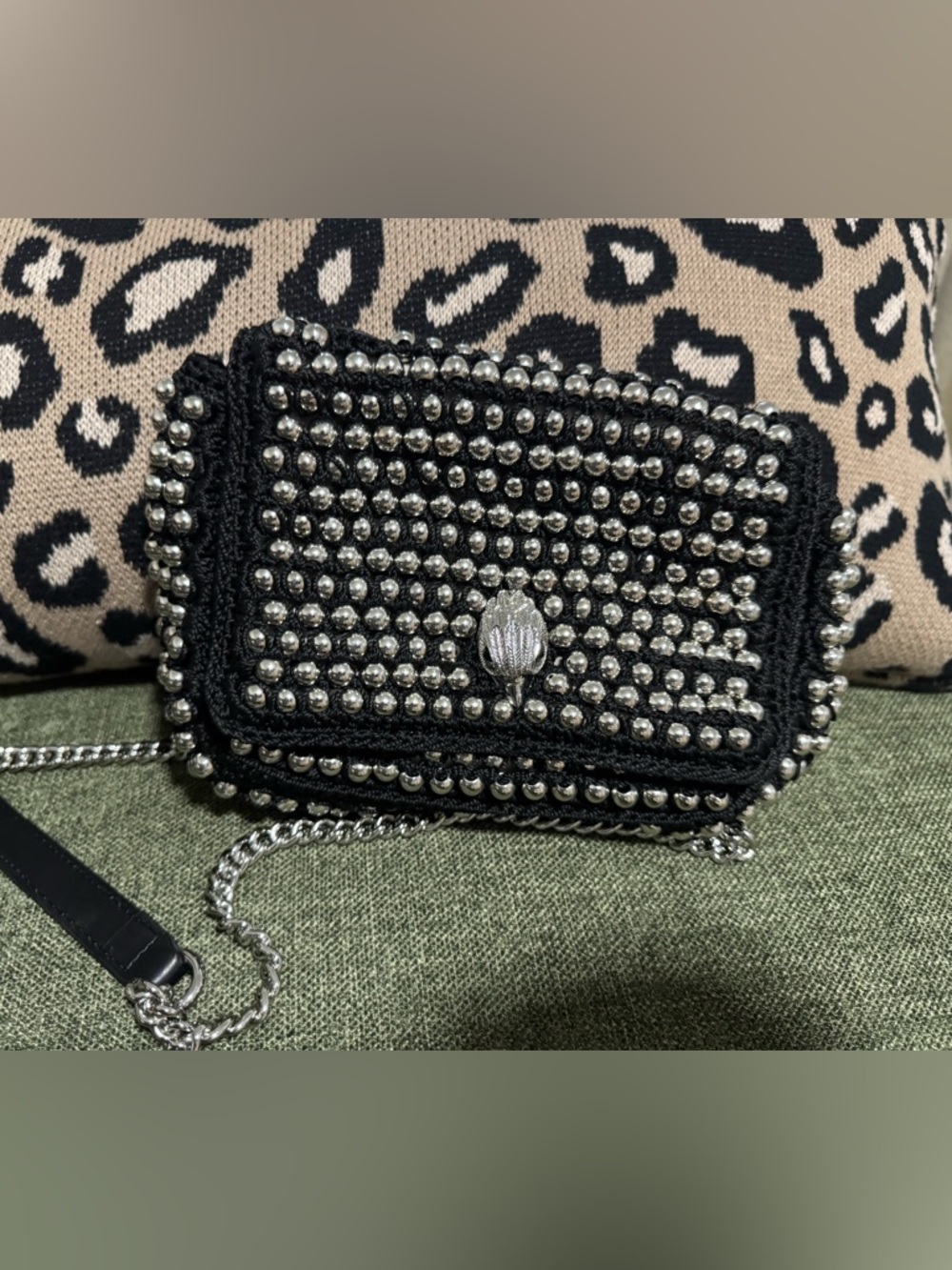 Kurt Geiger Black Crochet, Studded Crossbody with Silver Hardware (Kensington)